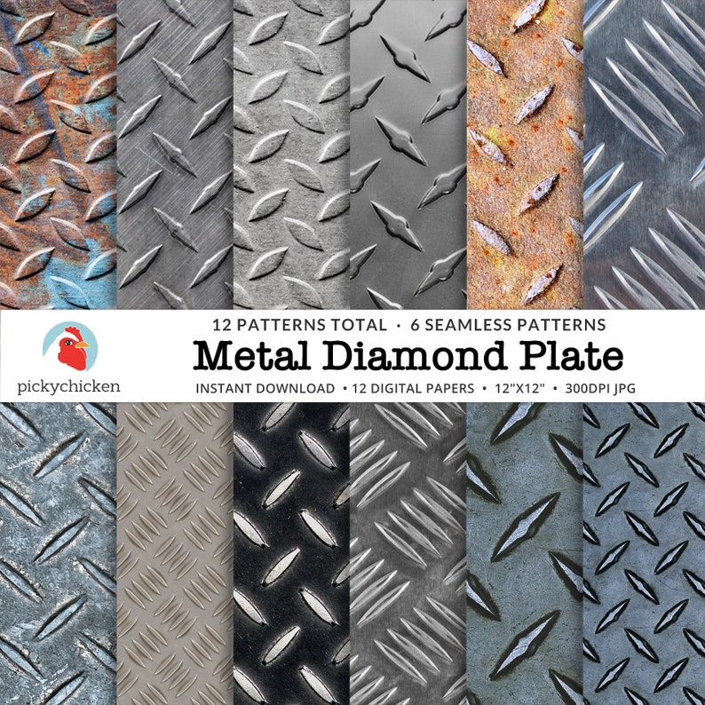 May include: Twelve digital paper patterns featuring a seamless metal diamond plate design. The patterns include various shades of grey, black, and rusty brown. Each pattern is 12 inches by 12 inches and 300 DPI.