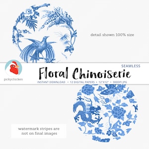 Chinoiserie Floral Digital Paper, seamless French flower patterns, blue and white, Chinese, sublimation decoupage photography backdrop 8114 image 4