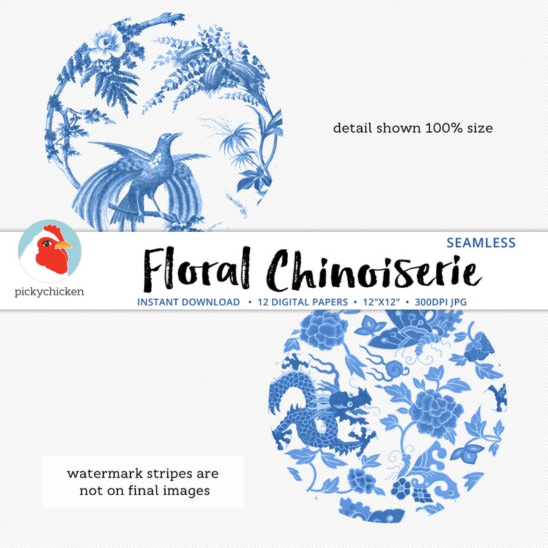 Chinoiserie Floral Digital Paper, seamless French flower patterns, blue and white, Chinese, sublimation decoupage photography backdrop 8114 image 4