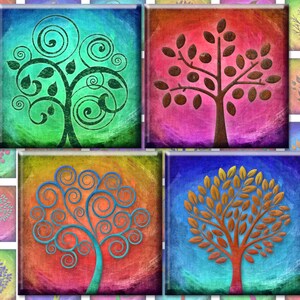 Tree of Life - 1 inch squares 25mm rainbow magic color trees digital collage sheet - Instant Download pendants magnets 2119
