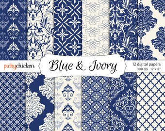 Blue Damask Digital Paper - Ivory & Navy formal background paper 12x12 delft chinoiserie indigo printable graphic Instant Download 8031