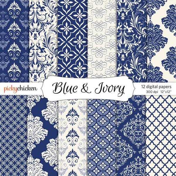 Blue Damask Digital Paper - Ivory & Navy formal background paper 12x12 delft chinoiserie indigo printable graphic Instant Download 8031