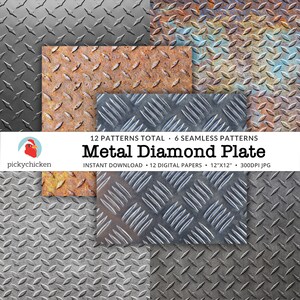 May include: Twelve digital paper patterns featuring various textures of metal diamond plate. The patterns include rusty, silver, and grey metal diamond plate. The digital papers are 12 inches by 12 inches and 300 DPI.
