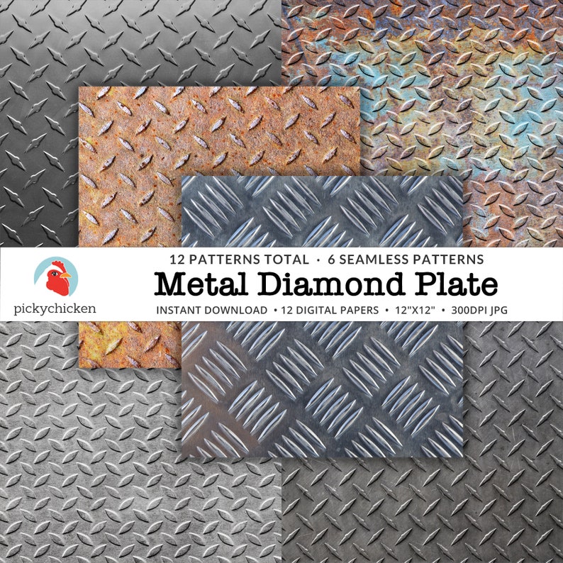 May include: Twelve digital paper patterns featuring various textures of metal diamond plate. The patterns include rusty, silver, and grey metal diamond plate. The digital papers are 12 inches by 12 inches and 300 DPI.