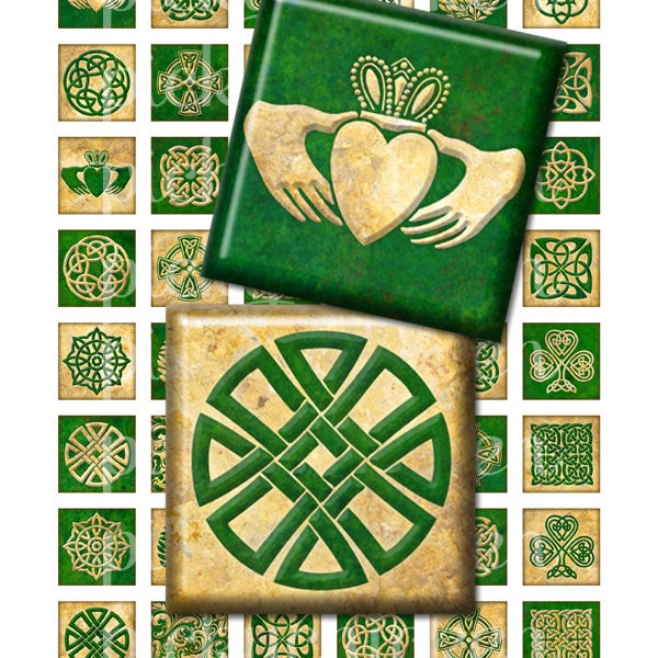 Celtic Green & Gold Digital Collage Sheet - 1 inch squares inchies Instant Download - for pendants magnets 2106