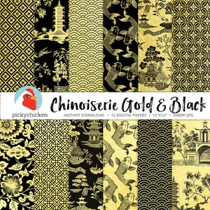 Chinoiserie Digitalpapier, Gold & Schwarz chinesischen Muster, Französisch Chinoiserie, Rankgitter, blue Willow, faux Goldfolie Fotografie Kulisse 8094