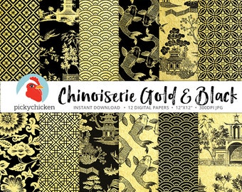 Chinoiserie Digital Paper, Gold & Black Chinese patterns, french chinoiserie, trellis, blue willow, faux gold foil photography backdrop 8094