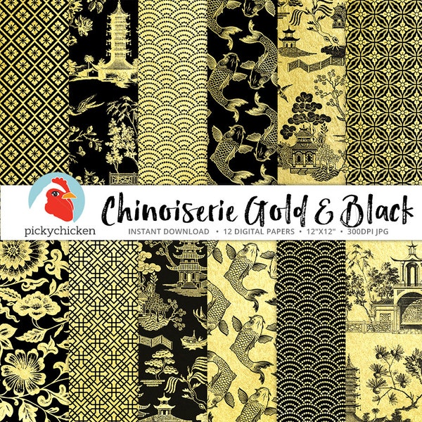 Chinoiserie Digital Paper, Gold & Black Chinese patterns, french chinoiserie, trellis, blue willow, faux gold foil photography backdrop 8094