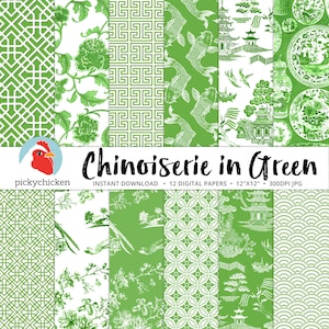 Chinoiserie Digital Paper, Chinese patterns, green & white paper, Christmas, Spring, Oriental, French, China photography backdrop 8108 image 1