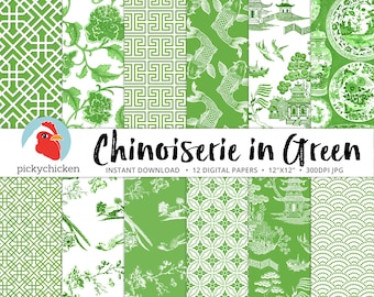Chinoiserie Digital Paper, Chinese patterns, green & white paper, Christmas, Spring, Oriental, French, China photography backdrop 8108