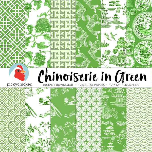 Chinoiserie Digital Paper, motifs chinois, papier vert et blanc, Noël, printemps, Oriental, Français, Chine photographie toile de fond 8108