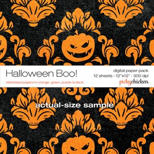Halloween Digital Paper - Orange Pumpkins Damask, Green, Purple 12x12 ...