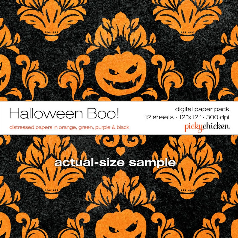 Halloween Digital Paper - Orange Pumpkins Damask, Green, Purple 12x12 ...