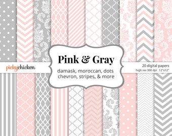 Pink & Gray Digital Paper - damask chevron digital paper polka dots moroccan photography backdrop Instant Download 8052