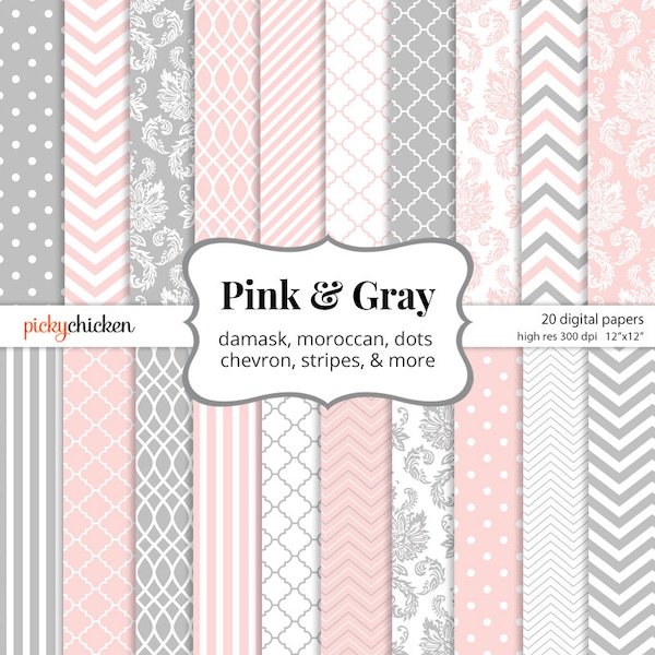 Pink & Gray Digital Paper - damask chevron digital paper polka dots moroccan photography backdrop Instant Download 8052