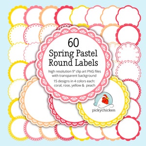 Rond cercle étiquettes images clipart - 60 printemps couleurs en corail, pêche, rose et jaune festonnés étiquettes imprimables instantanée téléchargement 5027