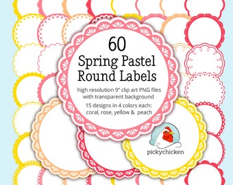 Round circle labels clip art - 60 spring colors in coral, peach, rose & yellow scalloped tags printable Instant Download 5027