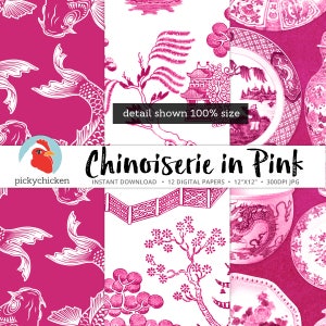 Chinoiserie Pink Digital Paper, Chinese patterns, pink & white, Valentines, french, china, asia, sublimation, decoupage 8106 image 4