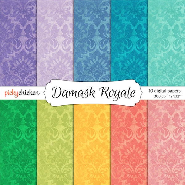 Damask digital paper - purple mint coral teal pink turquoise digital papers scrapbooking background wallpaper 12x12 Instant Download 8032
