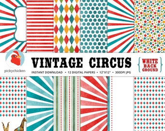 Circus Digital Paper Sfondo bianco - festa vintage, carnevale, diamanti, giraffa, elefante, clown, sunburst, acquerello 8116