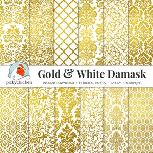 Gold & White Damask Digital Paper - Blattgold Hochzeit druckbare Damast faux gold Fotografie Kulisse druckbare 8049