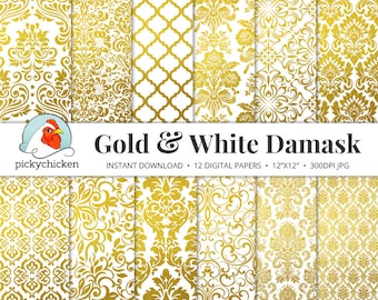 Gold & White Damask Digital Paper - gold foil wedding printable damask faux gold photography backdrop printable 8049