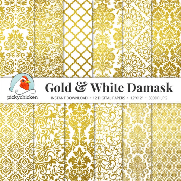 Gold & White Damask Digital Paper - gold foil wedding printable damask faux gold photography backdrop printable 8049