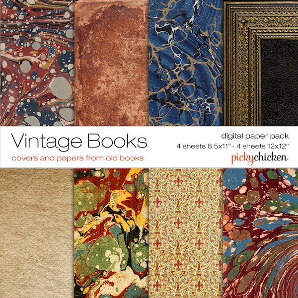 Vintage Books Digital Paper - marbled paper, literary theme, leather, gold embossing, Italian 12x12 scrapbook photography background 8026