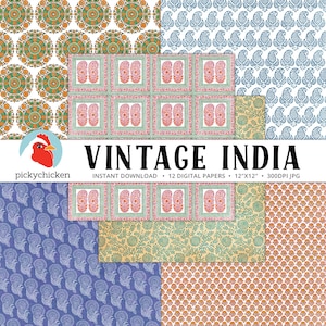 May include: Twelve digital papers featuring vintage Indian patterns in a variety of colors, including blue, green, orange, and red. The papers are 12 inches by 12 inches and 300 DPI.