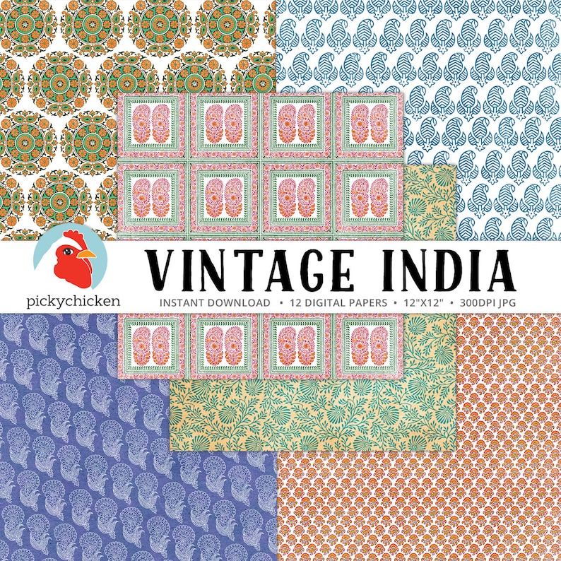 May include: Twelve digital papers featuring vintage Indian patterns in a variety of colors, including blue, green, orange, and red. The papers are 12 inches by 12 inches and 300 DPI.