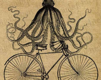 Octopus on a bike - vintage illustration - 8x10 digital INSTANT DOWNLOAD downloadable printable image burlap Octopus print 3040