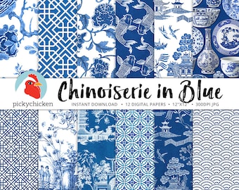 Chinoiserie Digital Paper, Chinese patterns, blue & white paper, french, china, asia, sublimation, decoupage 8089