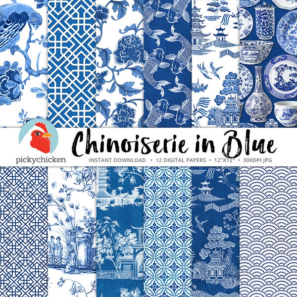 Chinoiserie Digital Paper, Chinese patterns, blue & white paper, french, china, asia, sublimation, decoupage 8089
