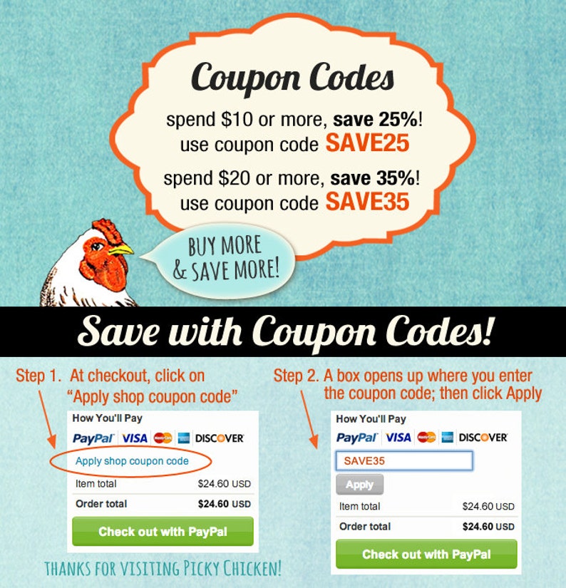 Pu&ograve; includere: Una grafica con un pollo dei cartoni animati e testo che recita "Coupon Codes" e "Save with Coupon Codes!" La grafica mostra due esempi di come utilizzare i codici sconto al momento del pagamento. Il primo esempio mostra un pulsante che dice "Apply shop coupon code" e il secondo esempio mostra una casella di testo in cui &egrave; possibile inserire il codice sconto "SAVE35".