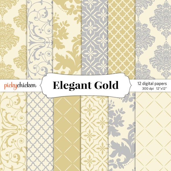 Gold Damask Digital Paper - silver, cream, gray, Wedding invitations, photography cards, scrapbooking 12x12 printable Instant Download 8030