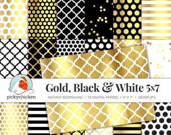 Lamina d'oro digitale carta 5x7 - oro bianco e nero, puntini oro glam strisce modello di invito stampabile oro finto marocchino di coriandoli 7005