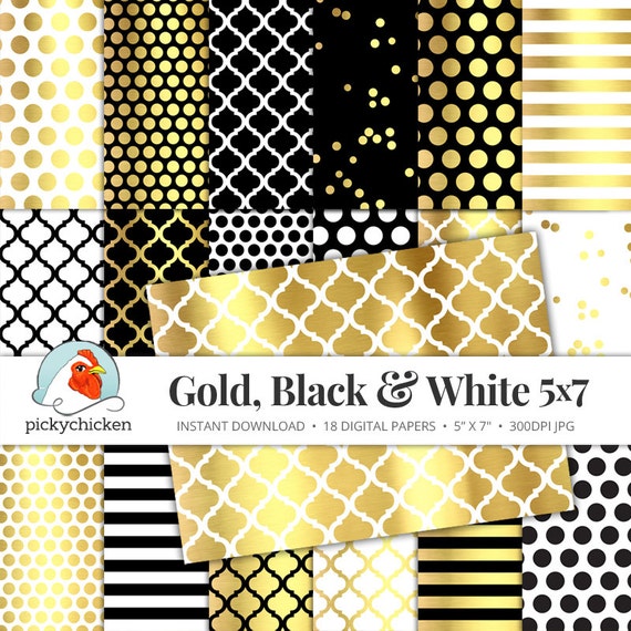 Gold Foil Digital Paper 5x7 Gold Black & White, Gold Glam Dots
