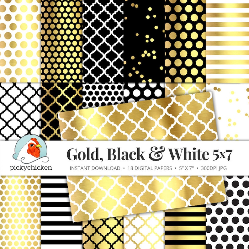 Gold Foil Digital Paper 5x7 Gold Black & White, gold glam dots stripes confetti moroccan faux gold printable invitation template 7005 image 1