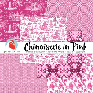 Chinoiserie Pink Digital Paper, Chinese patterns, pink & white, Valentines, french, china, asia, sublimation, decoupage 8106 image 3