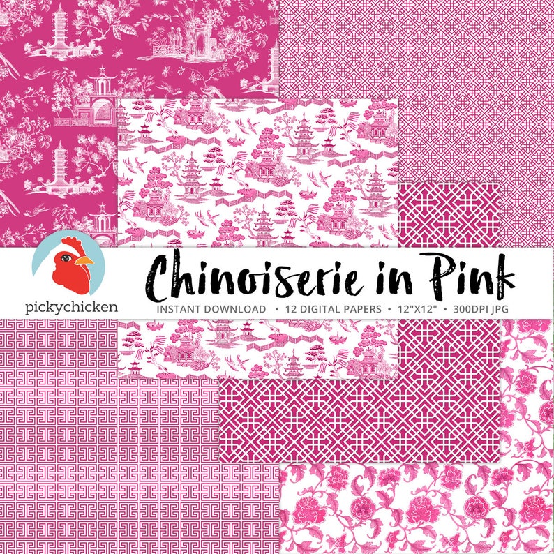 Chinoiserie Pink Digital Paper, Chinese patterns, pink & white, Valentines, french, china, asia, sublimation, decoupage 8106 image 3