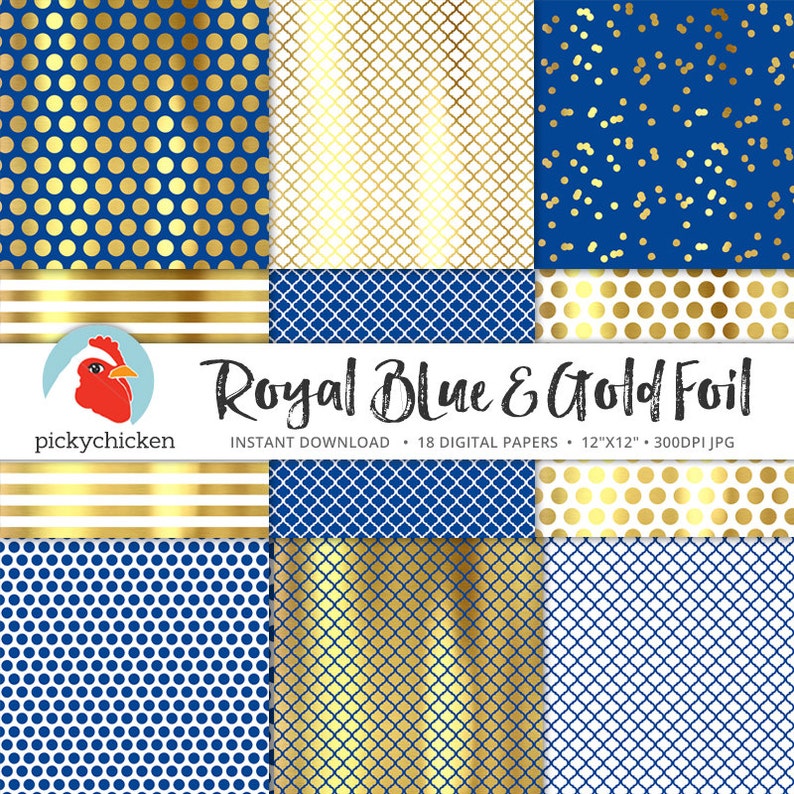Gold Foil Digital Paper Royal Blue & Gold, gold dots stripes confetti moroccan trellis faux gold foil photography backdrop 8093 image 2