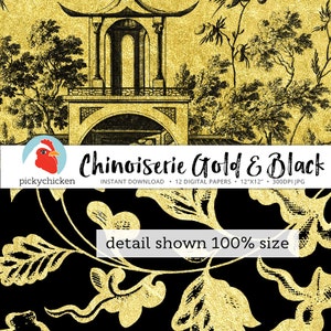 Chinoiserie Digital Paper, Gold & Black Chinese patterns, french chinoiserie, trellis, blue willow, faux gold foil photography backdrop 8094 image 4