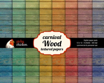 Carnival Wood - Digital Scrapbook Paper rainbow colors woodgrain background Instant Download 8009