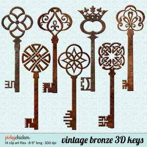 May include: Set of six vintage bronze 3D keys with intricate designs. The keys are approximately 8-9 inches long and have a rusty brown finish.