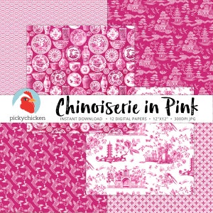 Chinoiserie Pink Digital Paper, Chinese patterns, pink & white, Valentines, french, china, asia, sublimation, decoupage 8106 image 2