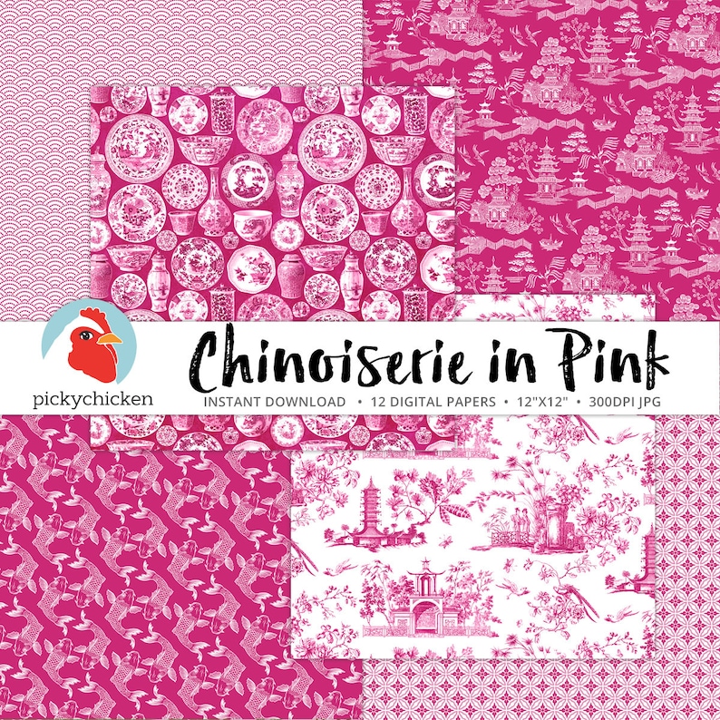 Chinoiserie Pink Digital Paper, Chinese patterns, pink & white, Valentines, french, china, asia, sublimation, decoupage 8106 image 2