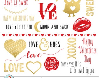 Love Clip Art, Wedding Clip Art, Valentines Photography Overlays, Gold Foil & Red, Love word art, digital graphics Instant Download 5023