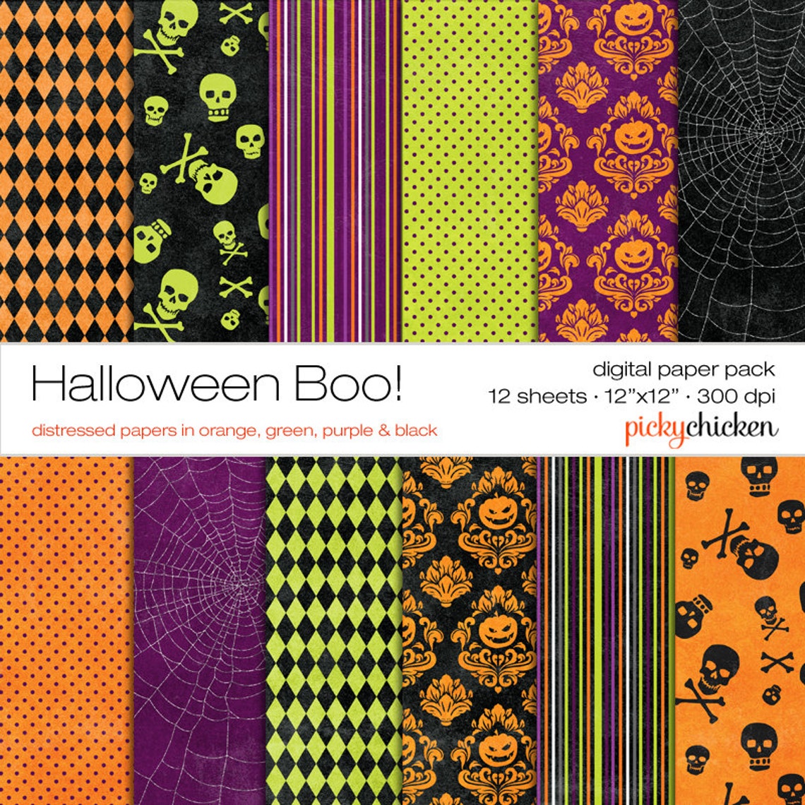 Halloween Digital Paper - Orange Pumpkins Damask, Green, Purple 12x12 ...