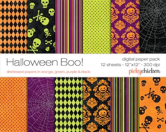 Halloween Digital Paper - orange pumpkins damask, green, purple 12x12 scrapbook background printable Instant Download 8027