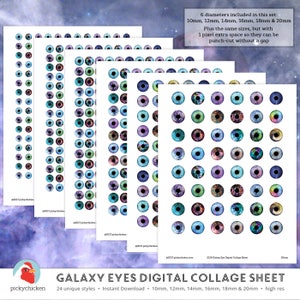 Digitalt collageark med ögon - Galax, rymd, stjärnor, astronomi, regnbåge, clipart - cirklar 10 mm, 12 mm, 14 mm, 16 mm, 18 mm, 20 mm, direkt nedladdning 2138 bild 2